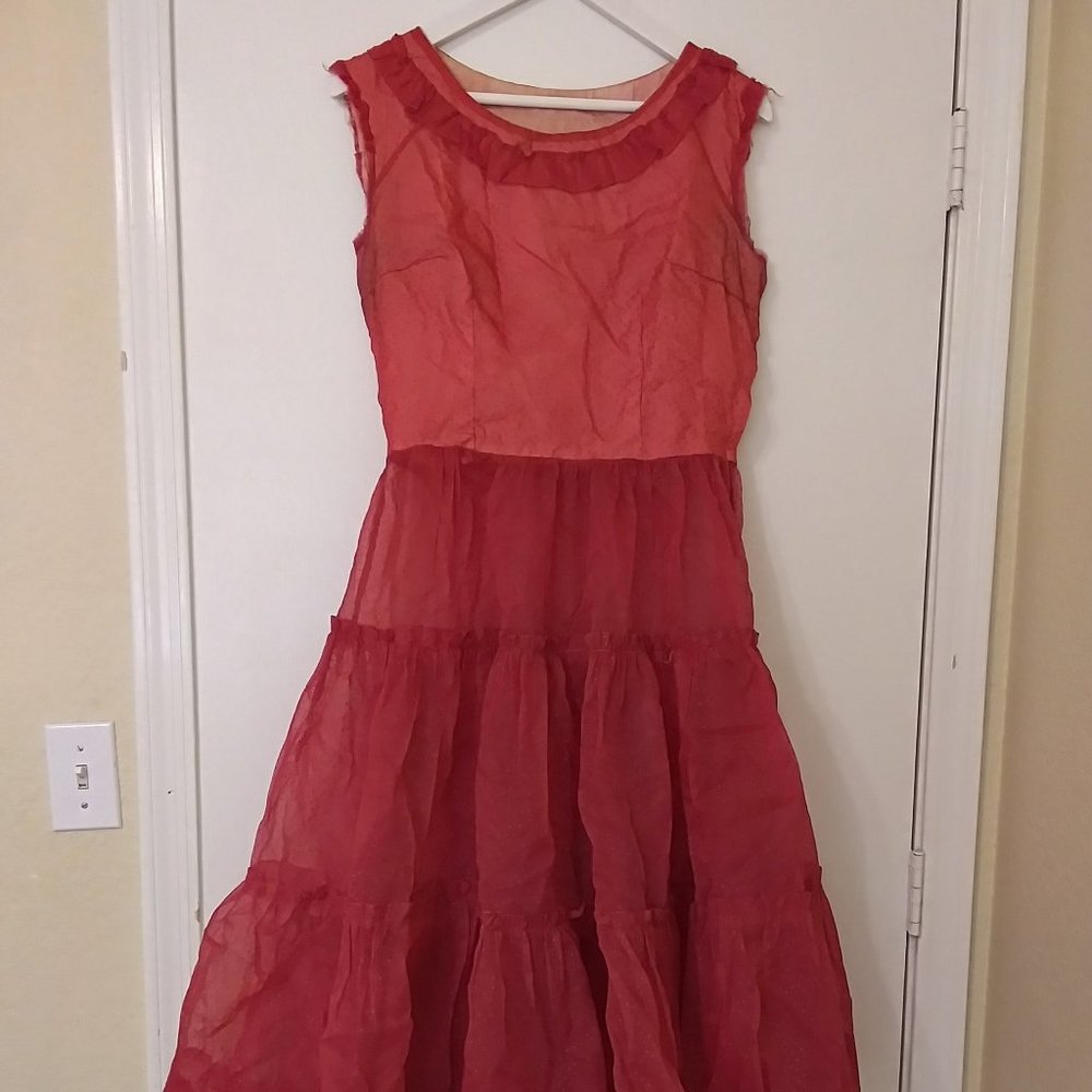 1950s Red Polka Dot Tier Chiffon Dress